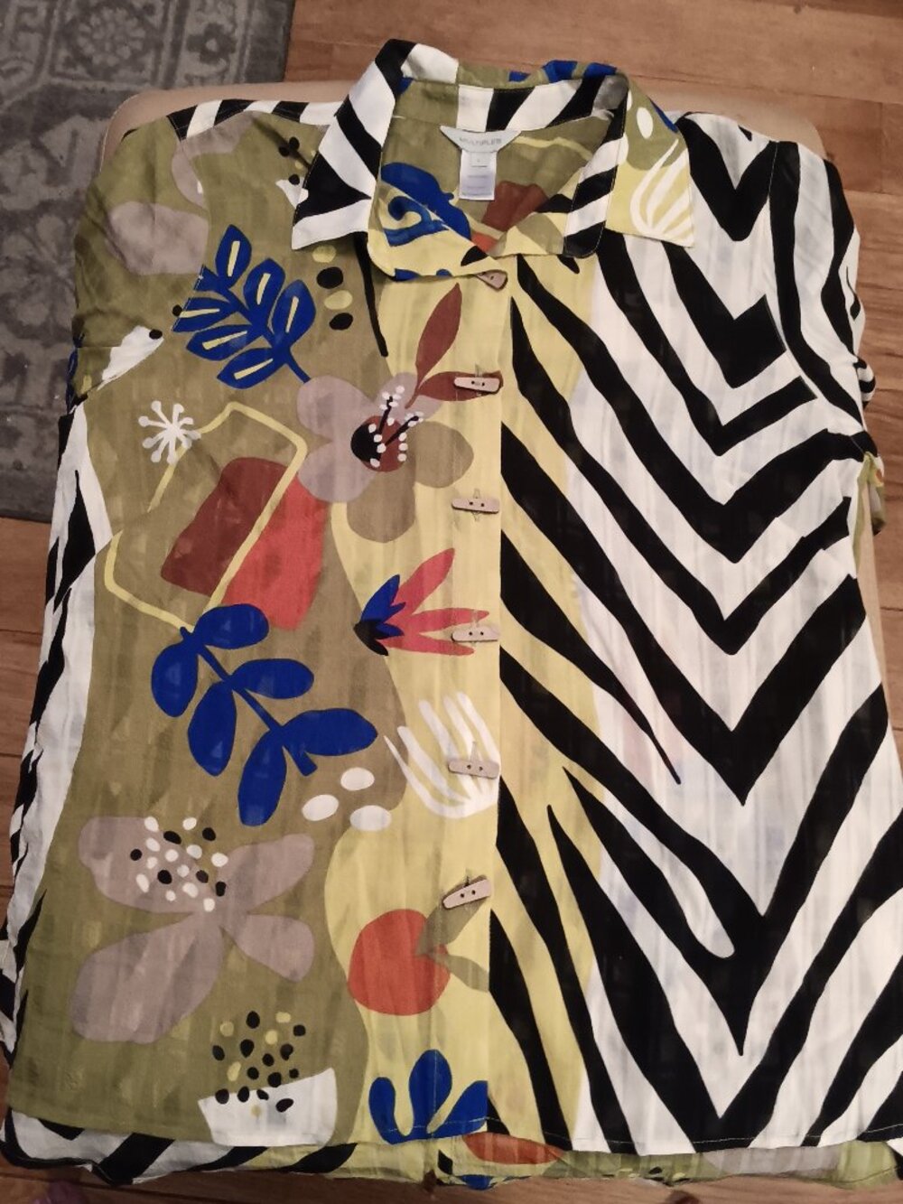 Multiples Women's L Abstract Floral Zebra Print Button Front Blouse